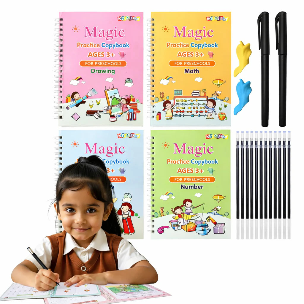 LittleGenius Writing Kit | Reusable Magic Practice Books Set for Kids (4 Books + Pen + Refills)