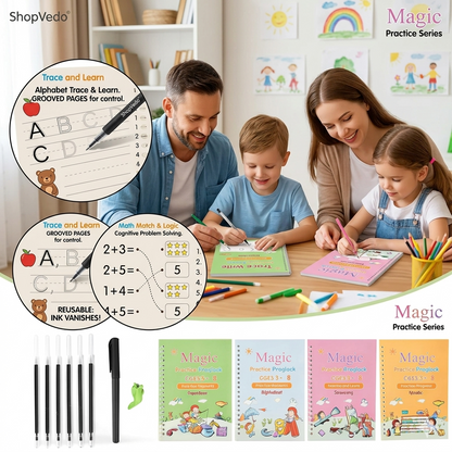 LittleGenius Writing Kit | Reusable Magic Practice Books Set for Kids (4 Books + Pen + Refills)