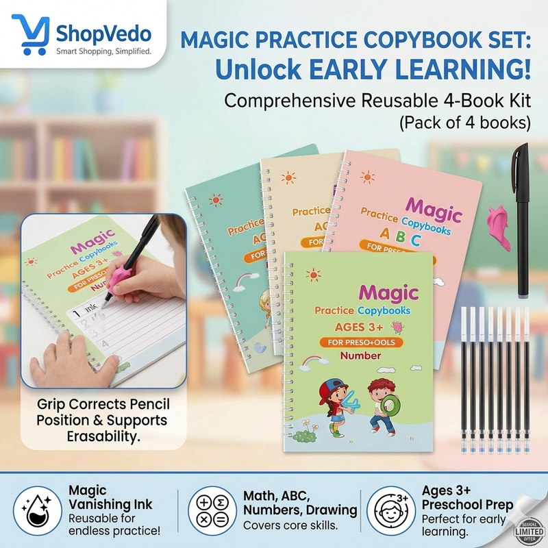 LittleGenius Writing Kit | Reusable Magic Practice Books Set for Kids (4 Books + Pen + Refills)